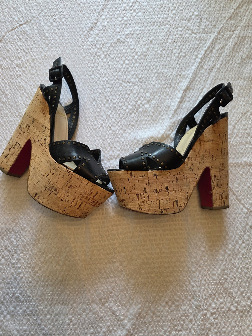 Christian Louboutin Black Studded Cork Platform Sandal with Signature Red Sole